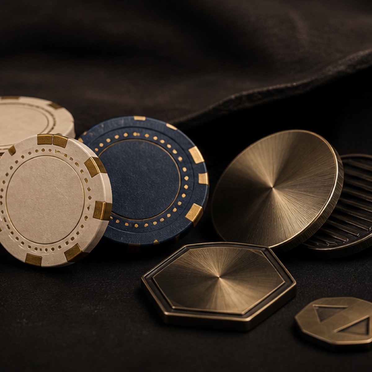 Concept image comparing ceramic poker chips and metal poker coins