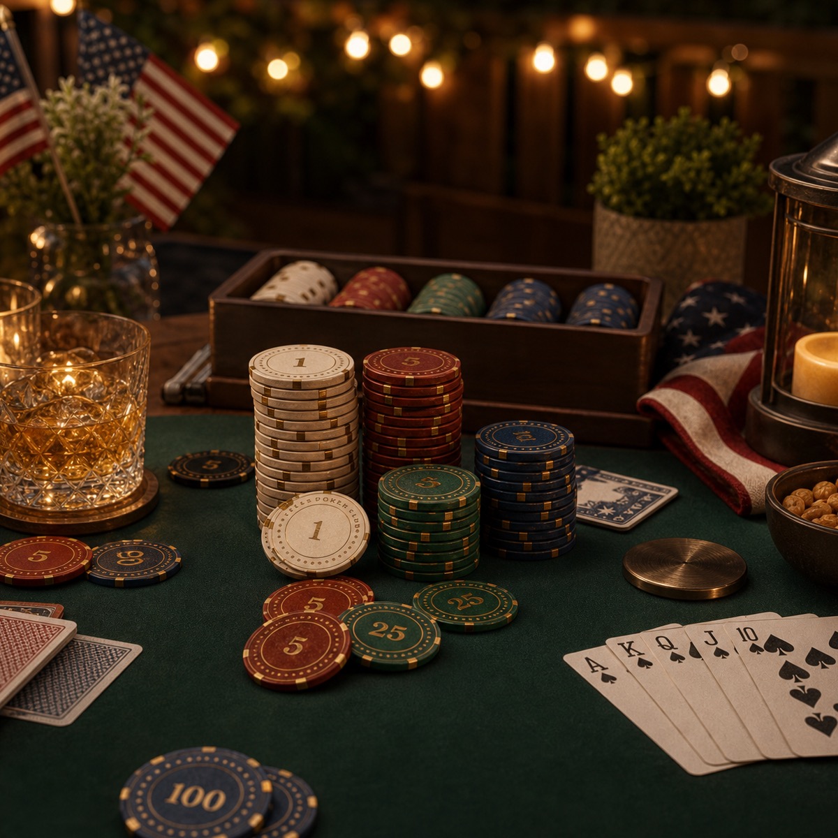 Memorial Day home poker night table with chips and cards