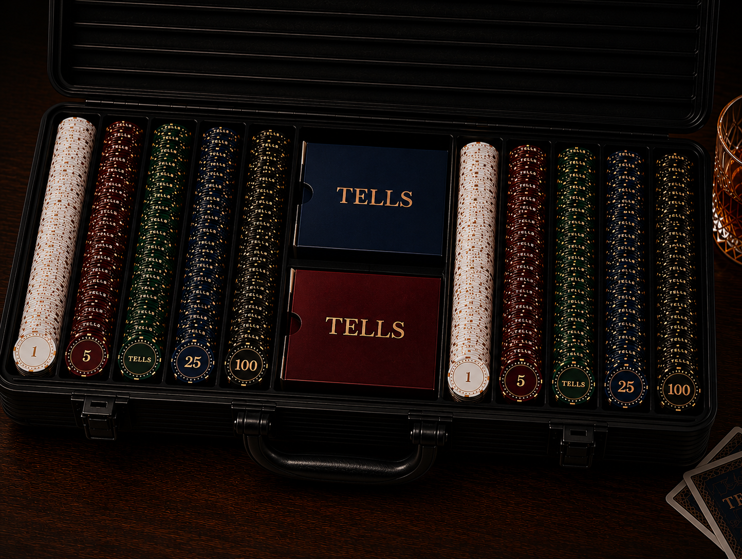 Tells Poker Club ceramic poker chip set arranged for a home game