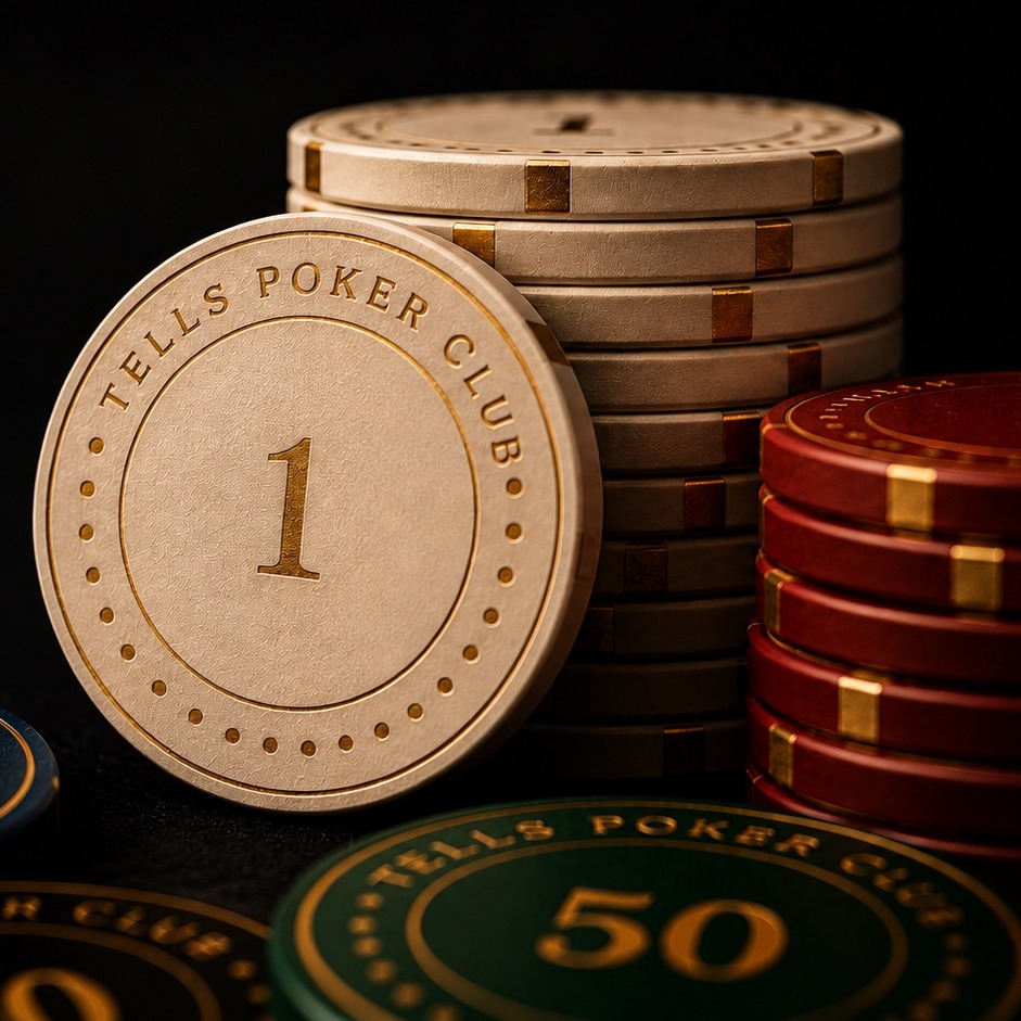 Close-up of ceramic Tells Poker Club poker chips